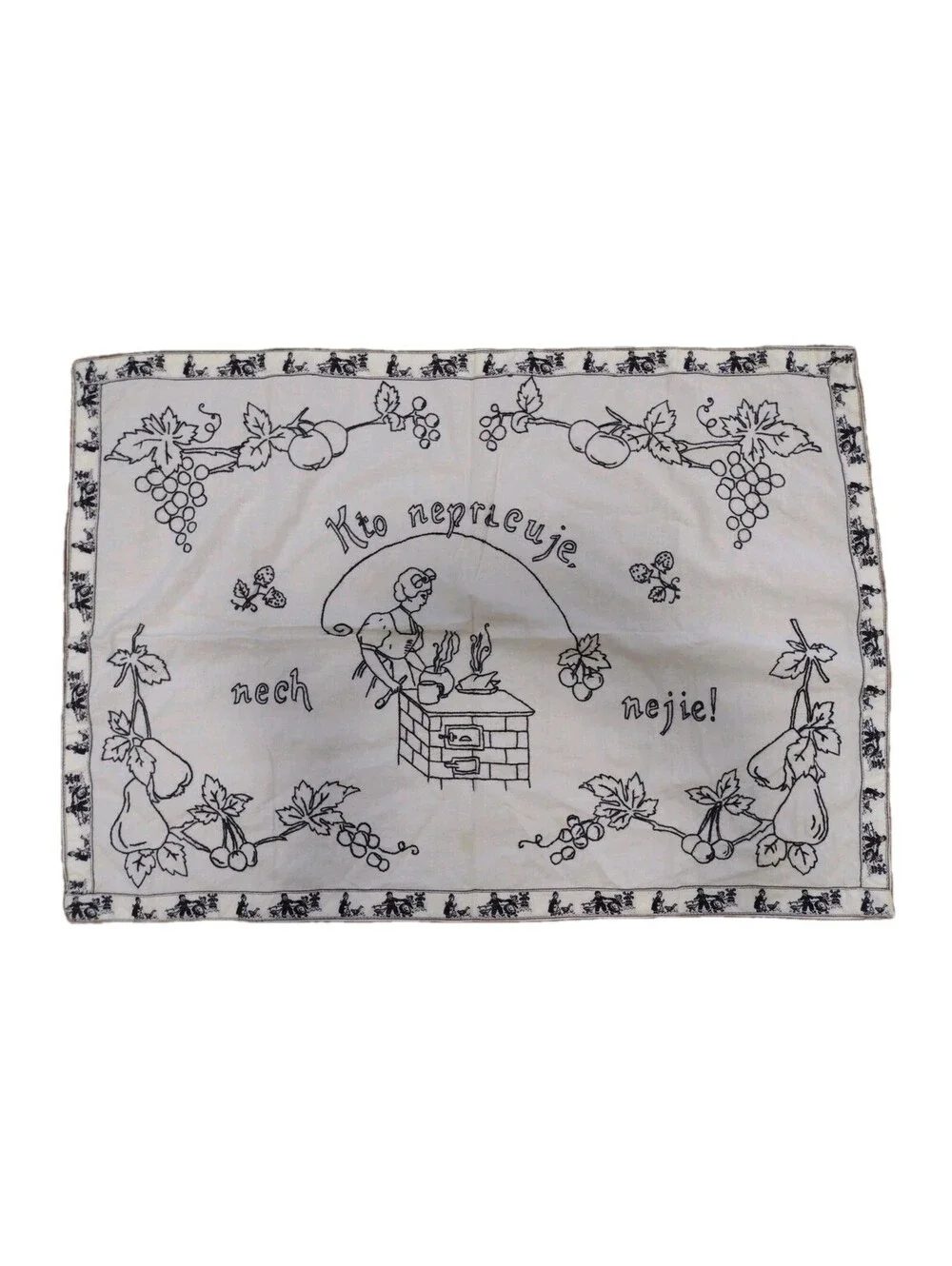 Vintage Slovak Embroidered Kitchen Wall Cloth Folk Art Proverb Textile